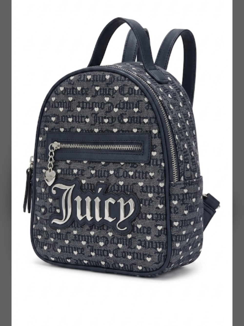 NWT Juicy Couture Denim Pokerface Navy Silver Heart Mini Backpack & Bag Tag Giv